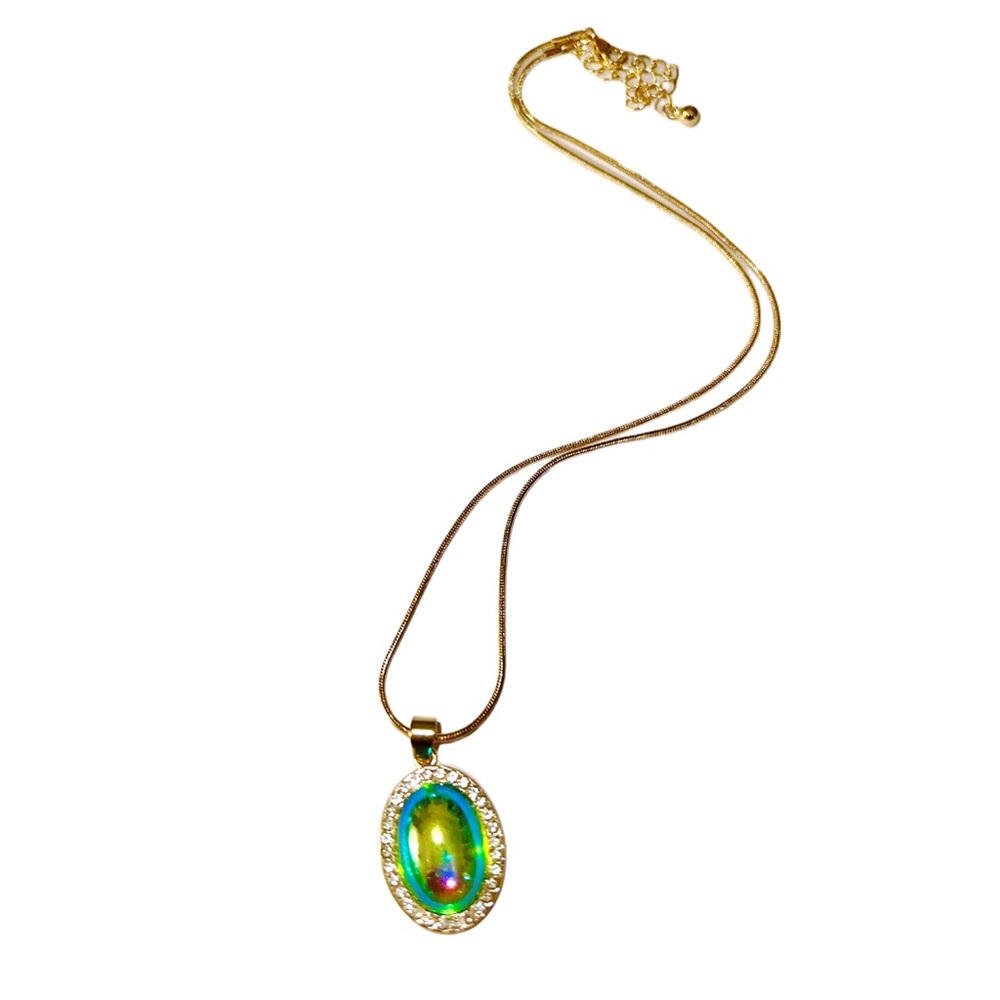 Peridot AB Glass Pendant in Gold Bling Setting Necklace